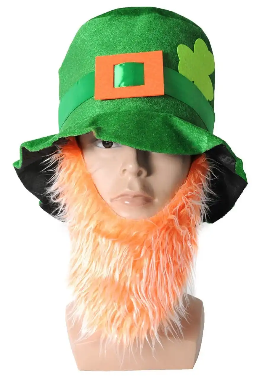 St Patricks Day Green Top Hat w/ Beard Iris Party Dress Up Ireland Halloween Cap