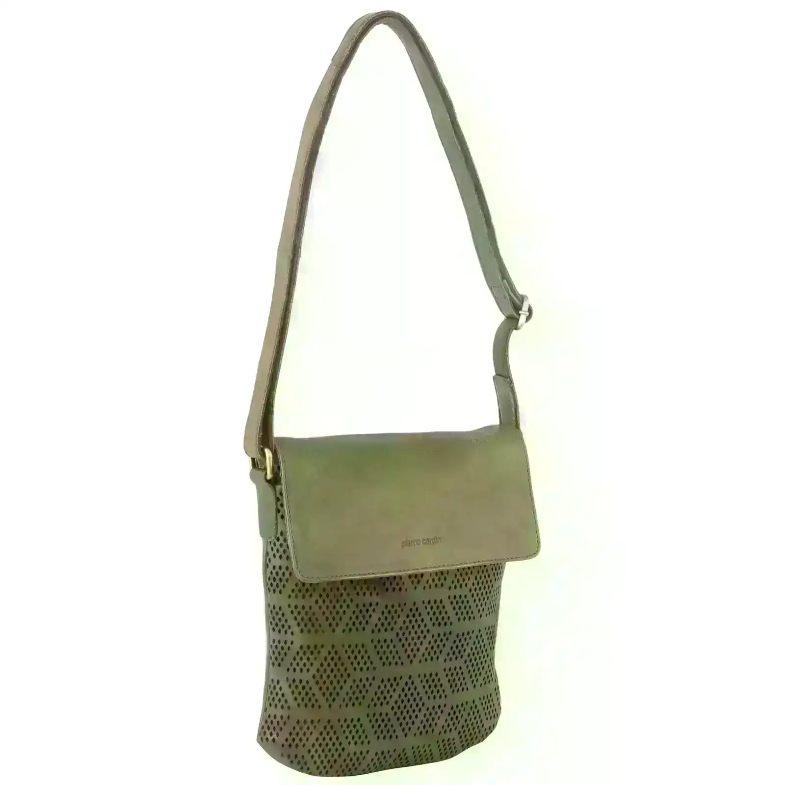 Pierre Cardin Leather Perforated Cross-Body Bag with Flap Closure - Olive