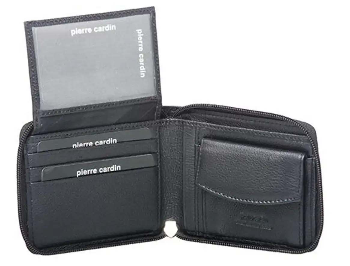 Pierre Cardin Mens Genuine Leather Zip Around Wallet w/ RFID Guard - Black