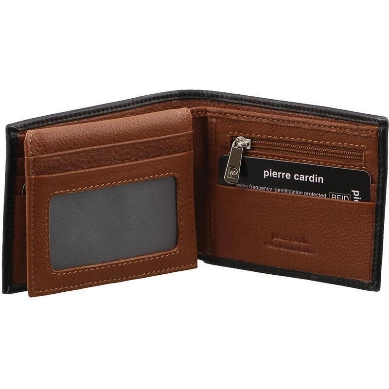 Pierre Cardin Italian Leather Mens Two Tone Bi-Fold Wallet - Black/Cognac