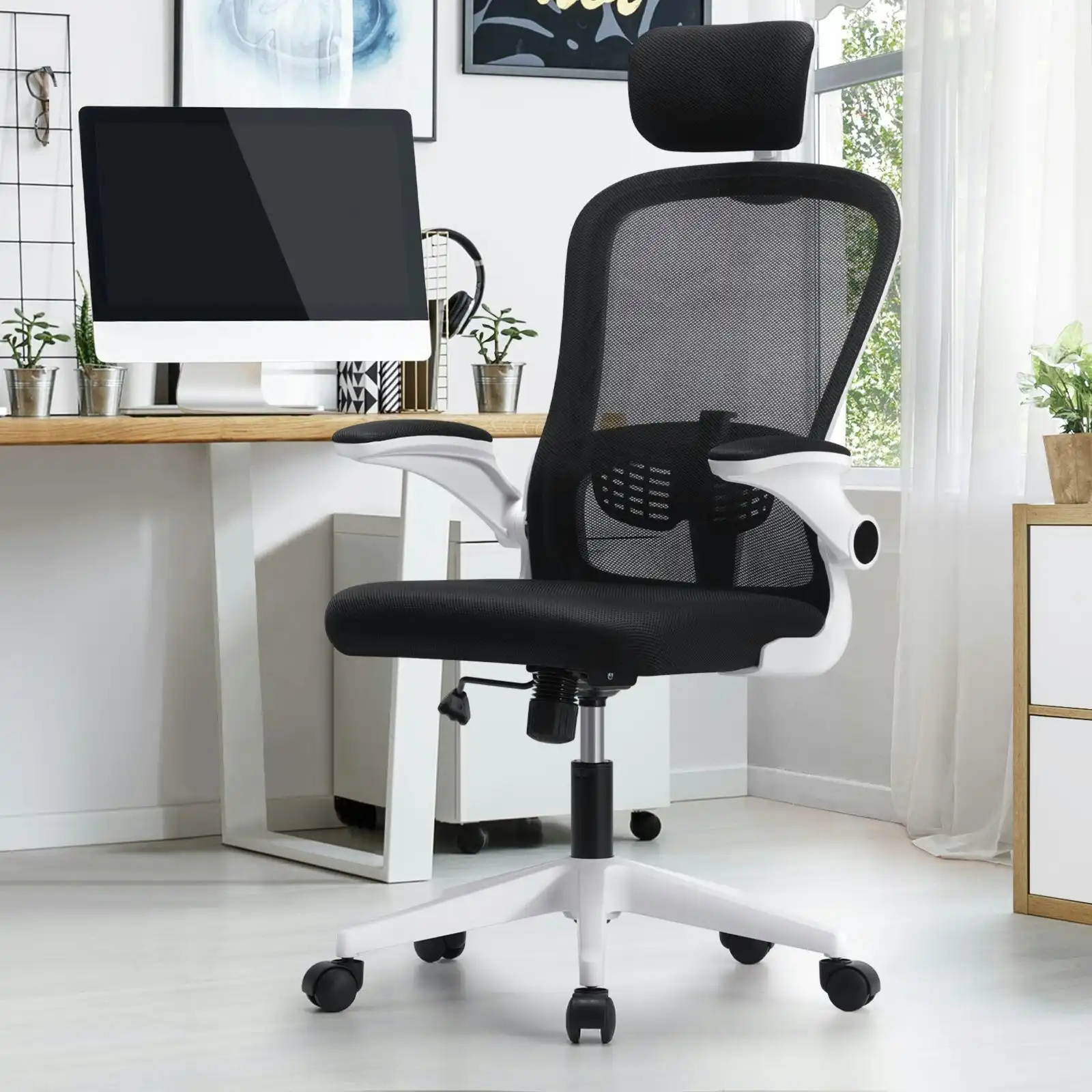 Oikiture Mesh Office Chair Executive Fabric Gaming Seat Racing Tilt Computer Black&White