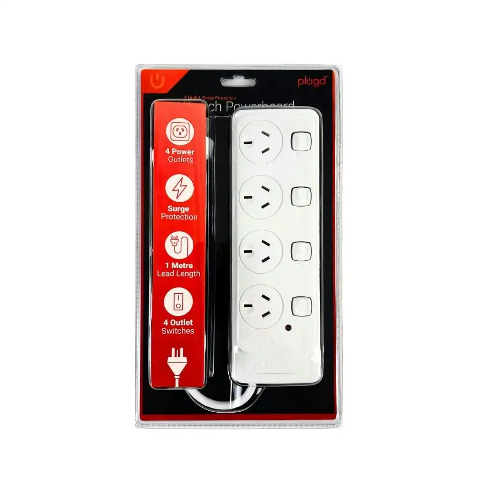 4 Outlet Power Board With Surge Protection with Individual Switches 1M Lead Cable