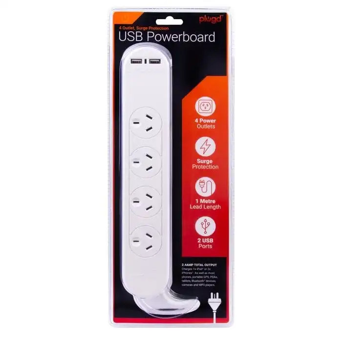 4 Outlet Powerboard With Surge Protection and Dual USB Charger