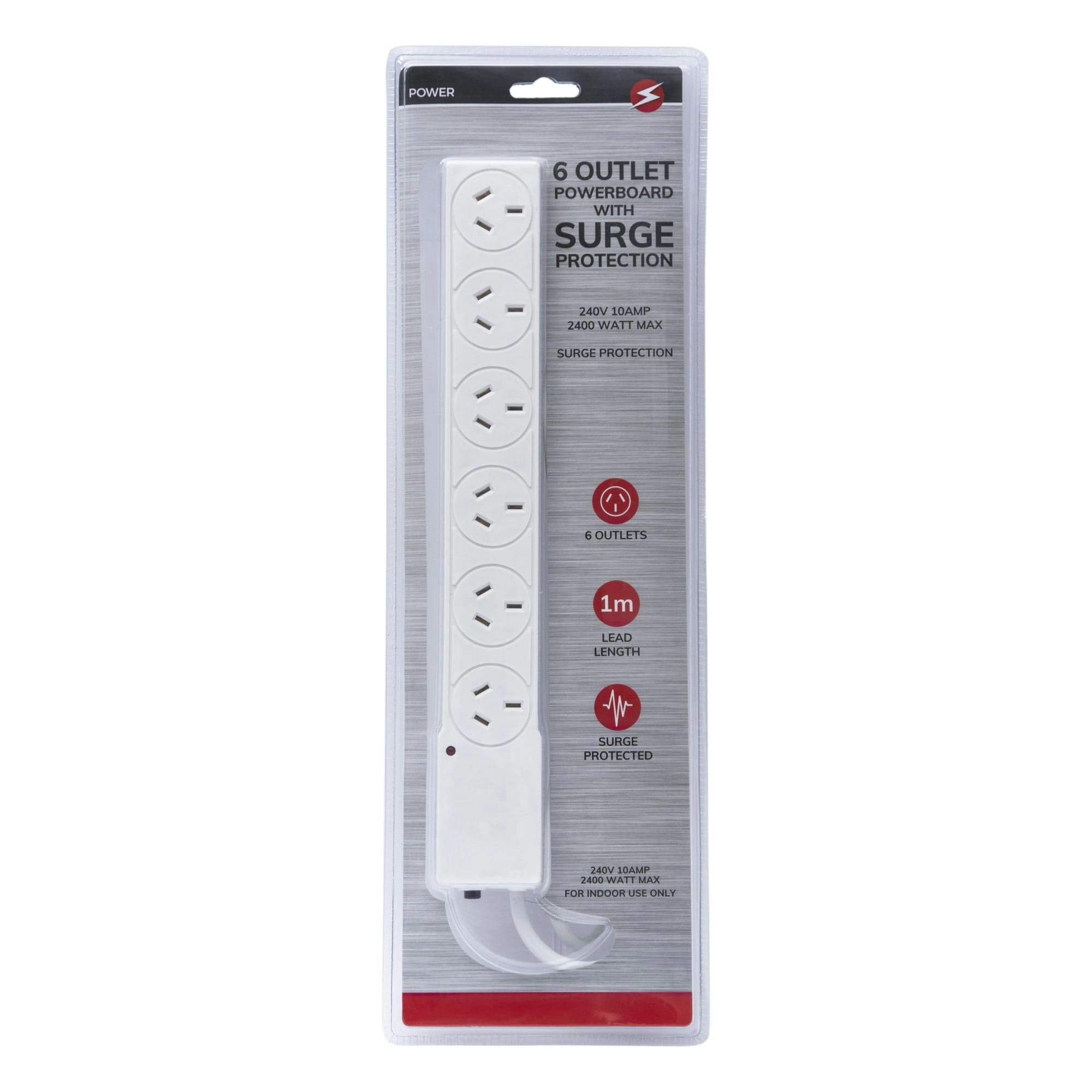 6 Outlet Power Board With Surge Protection 1M Lead Cable