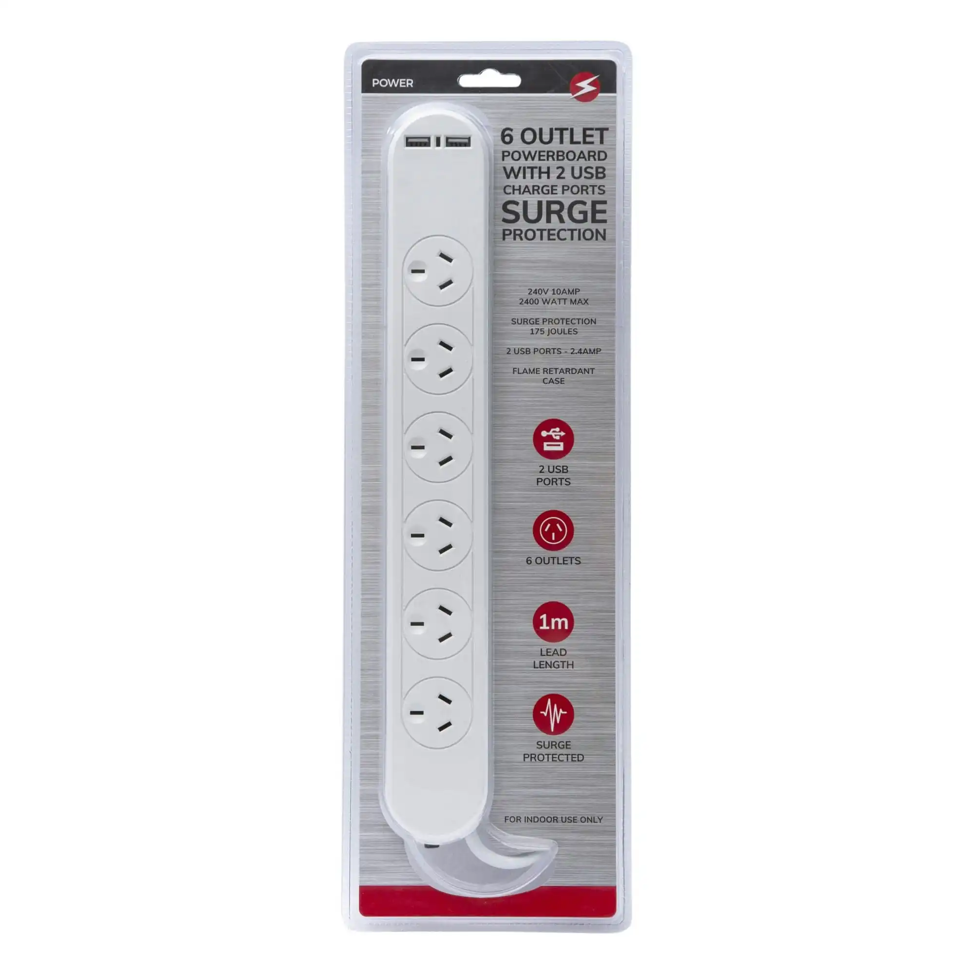 6 Outlet Powerboard With Surge Protection and Dual USB Charger 1M Lead Cable