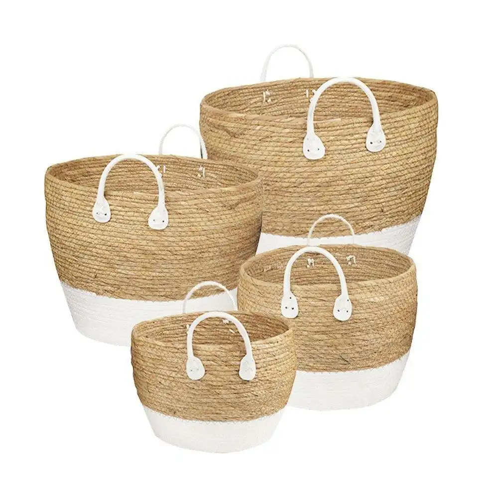 4 Piece Cotton Rope Stripe Carry Handles Storage Baskets Set