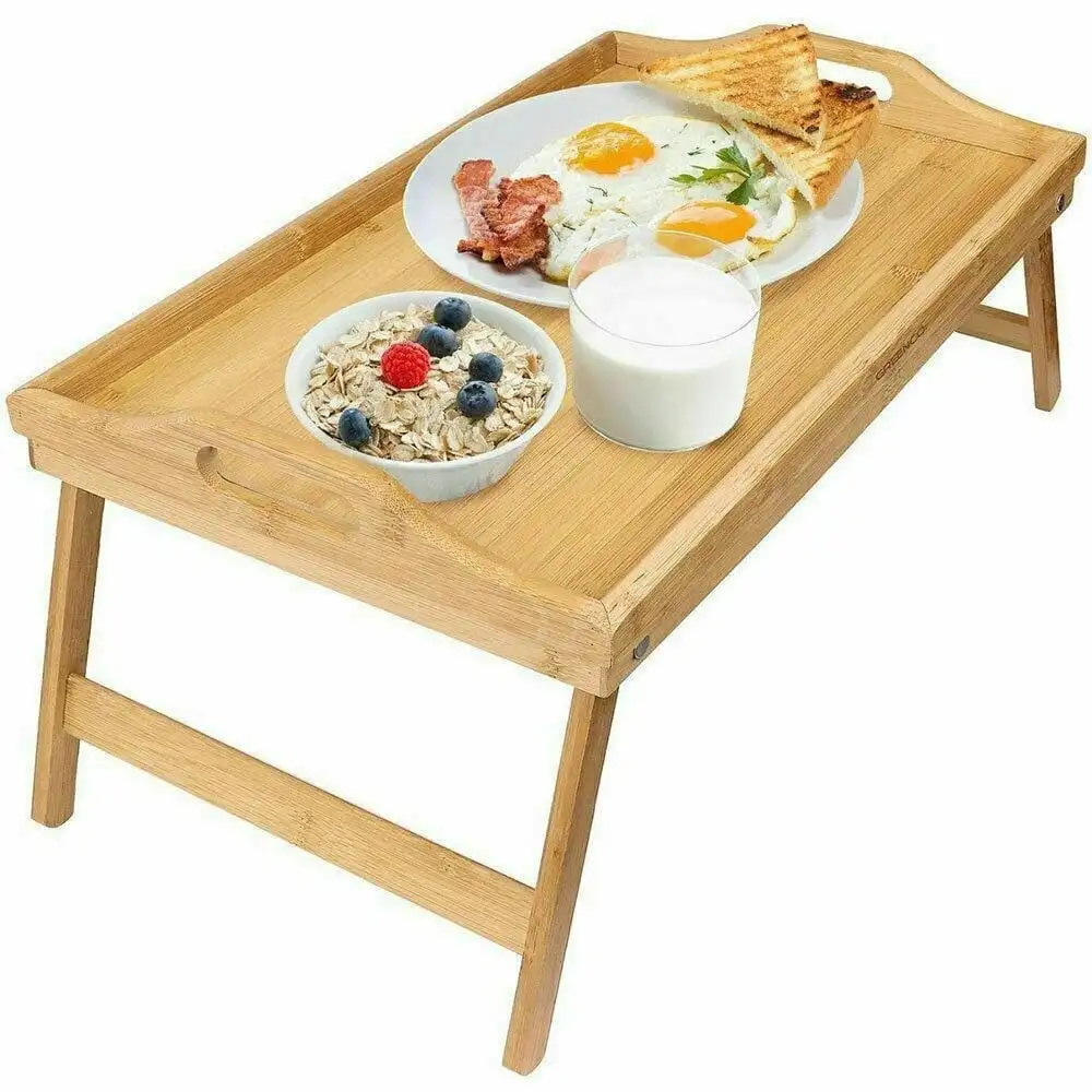 2 x Bamboo Bed Table Breakfast/Snack Serving Tray TV Food Stand with Foldable Legs