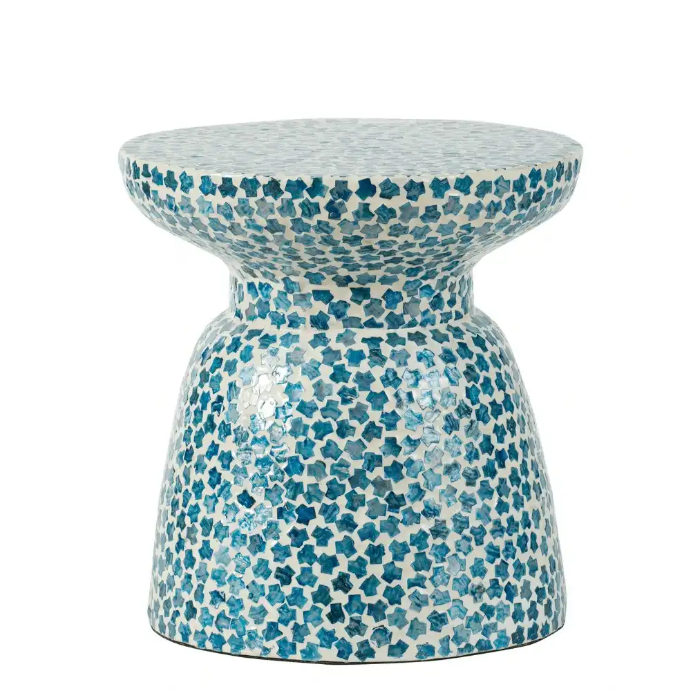 Carribean Shell Round Wood Stool Side Table - Blue