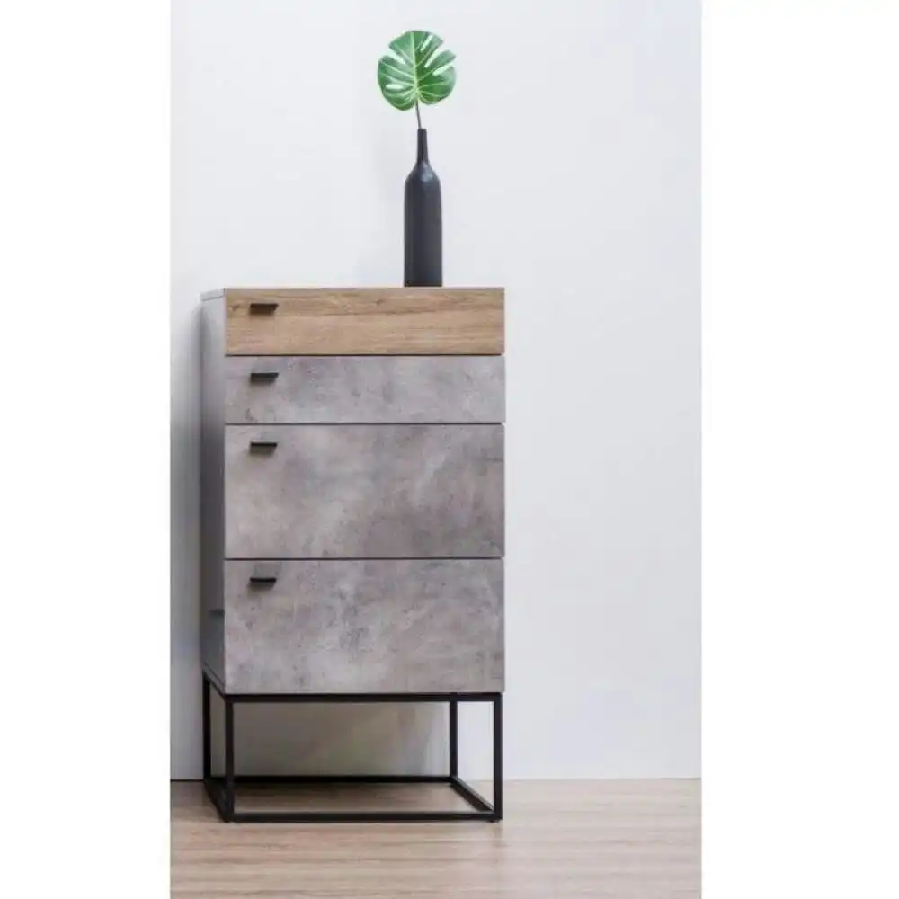 Modern 4-Drawer Chest of Drawers TallBoy - Black Metal Legs - Dark Oak / Cement Grey