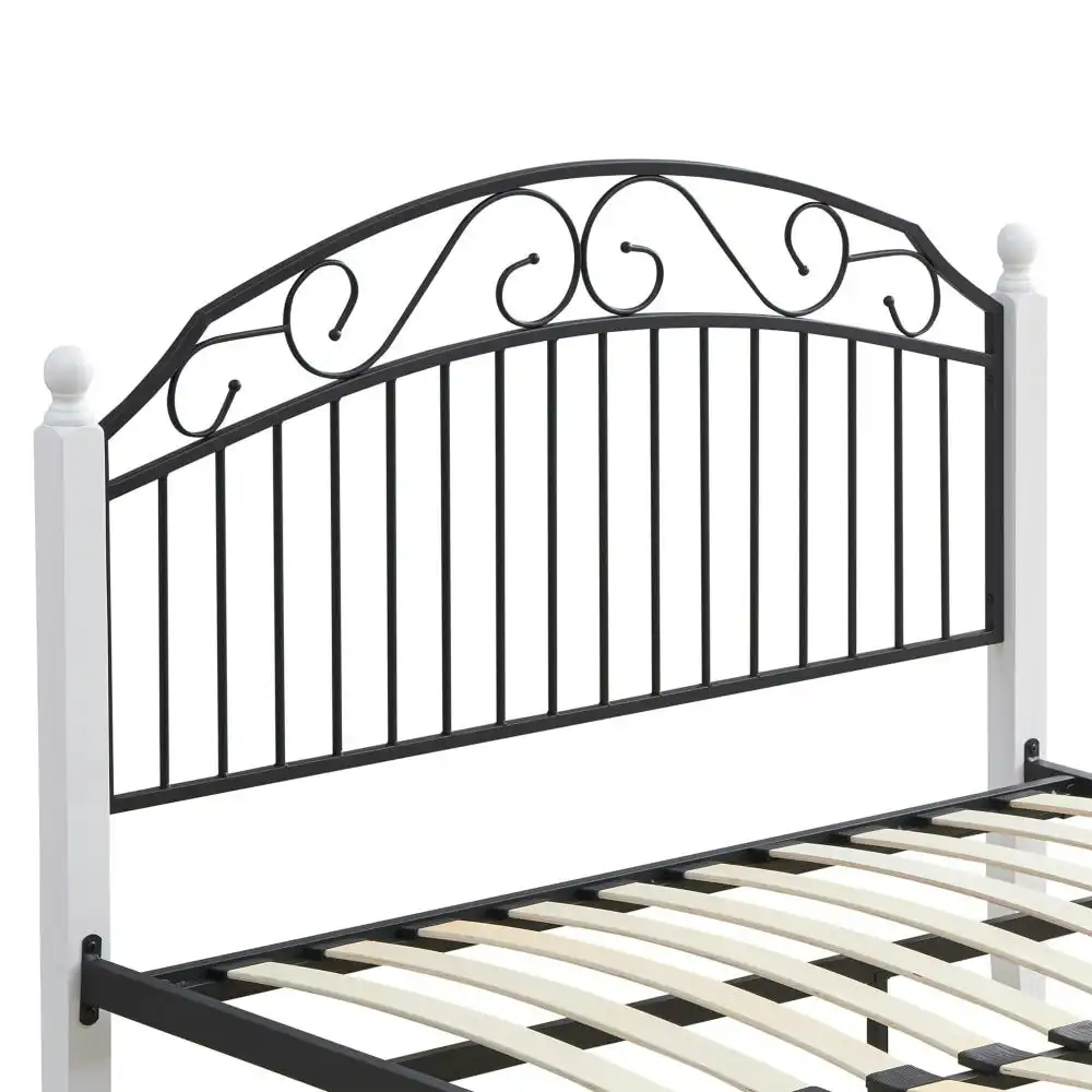 Ashley Double Size Bed Frame Wooden Pole Black Metal Frame - White