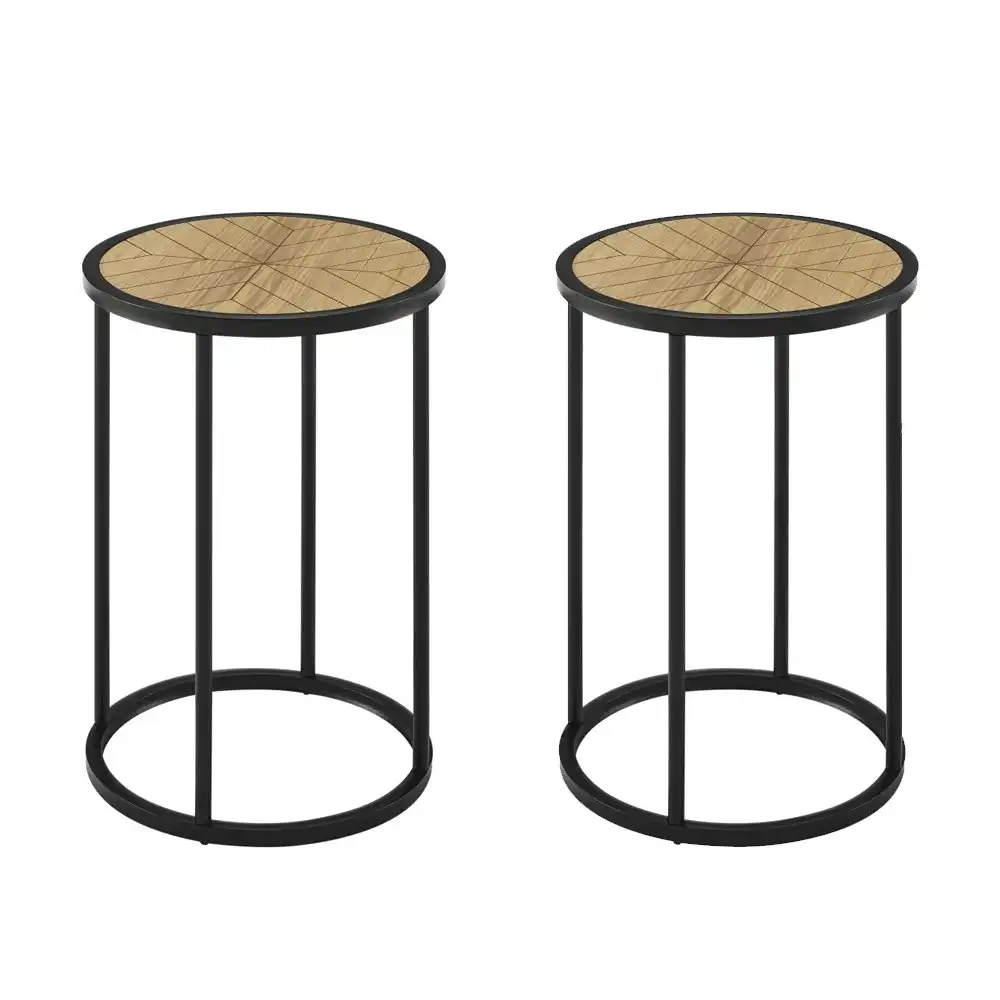 Maestro Furniture Set Of 2 Chevron Round Wood Top Metal Frame End Lamp Side Table - Black & Ash Veneer