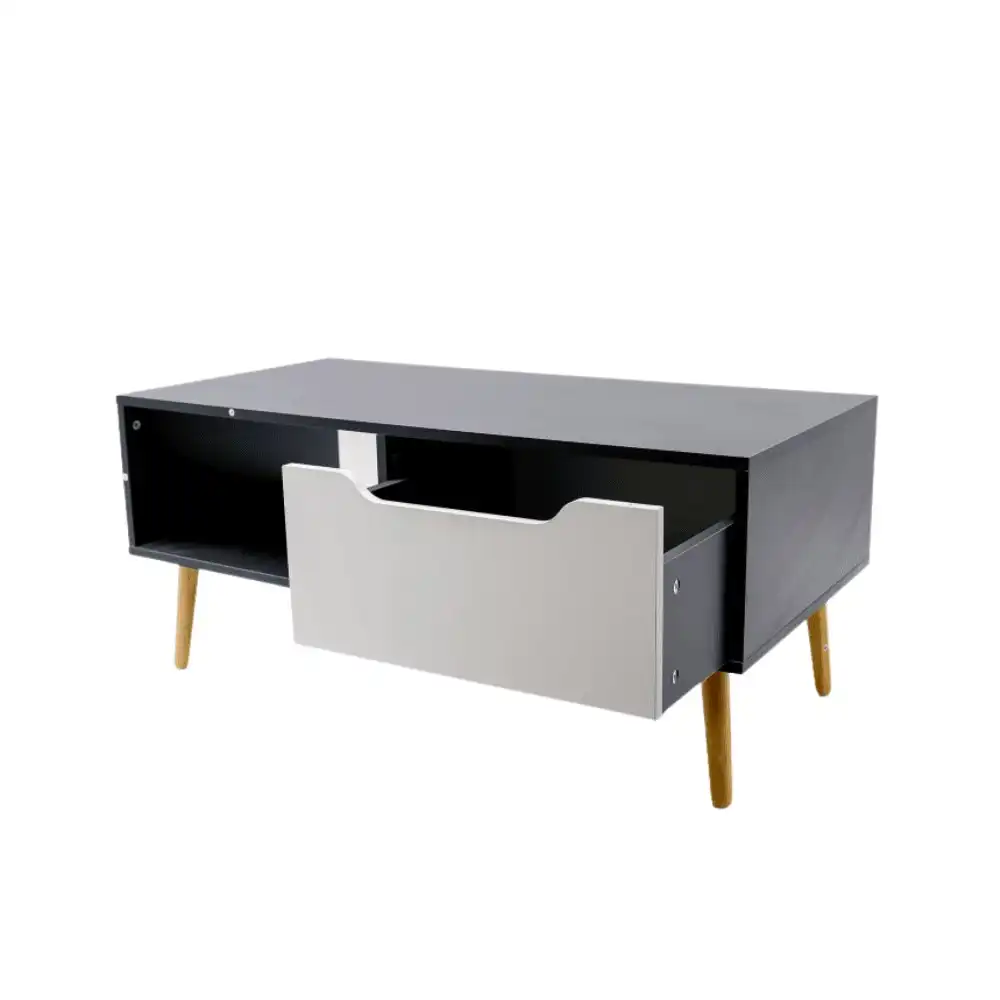 Design Square Modern Scandinavian Rectangular Wooden Coffee Table W/ 1-Drawer - Black & White