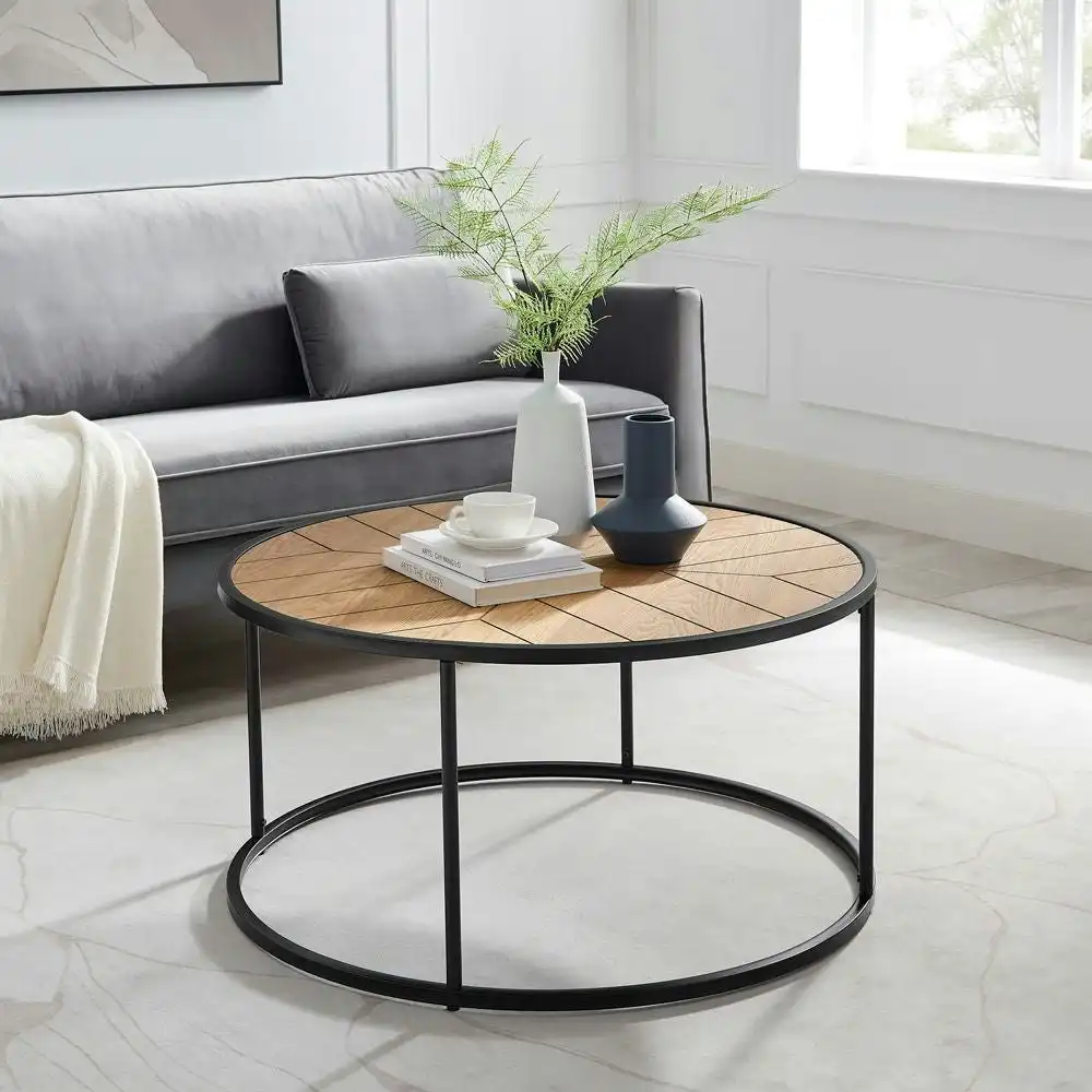 Maestro Furniture Chevron Round Wood Top Metal Frame Coffee Table - Black & Ash Veneer