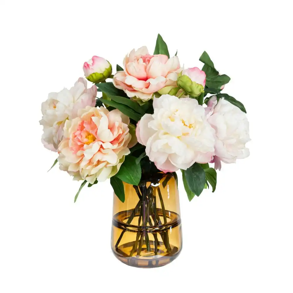 Glamorous Fusion Peony Artificial Faux Plant Decorative Mixed Arrangement 40cm In Glass
