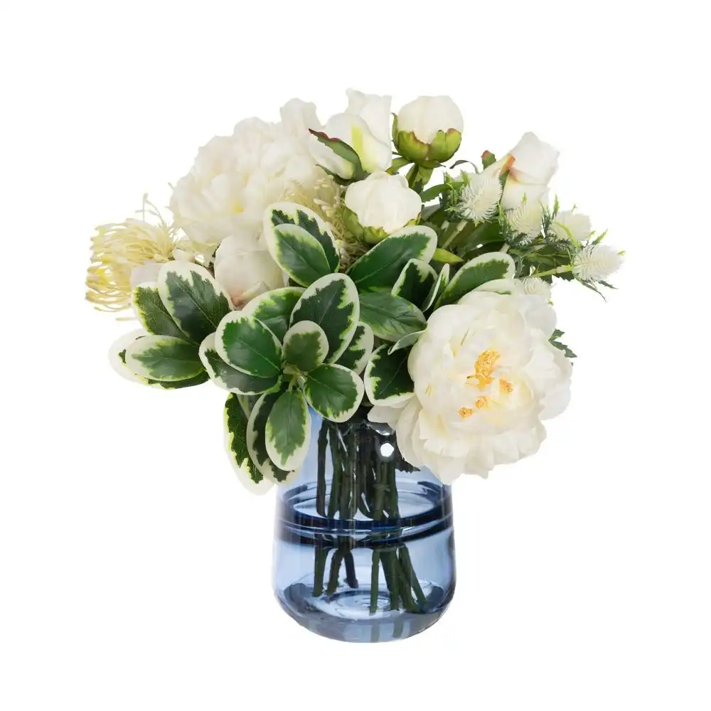 Glamorous Fusion White Peony & Rose Artificial Faux Plant Flower Decorative Mixed Arrangement 36cm In Glass