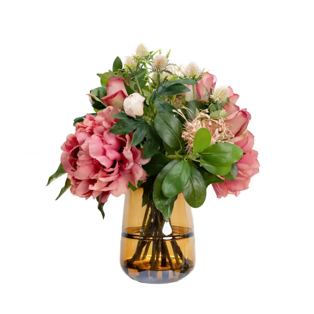 Glamorous Fusion Pink Peony & Rose Artificial Faux Plant Flower Decorative Mixed Arrangement 36cm In Glass