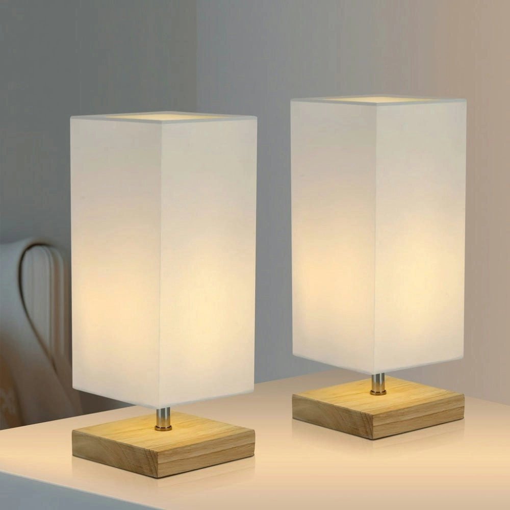 Omega Bright Duo Set of 2 Modern Wooden Base Square Table Lamp Light Rectangular Linen Shade - White