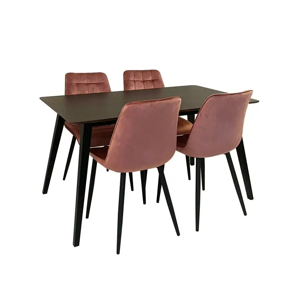 HomeStar Kanaka 5Pcs Dining Set Dining Table 140cm in Walnut W/ 4 Lumy Velvet Dining Chairs in Pink