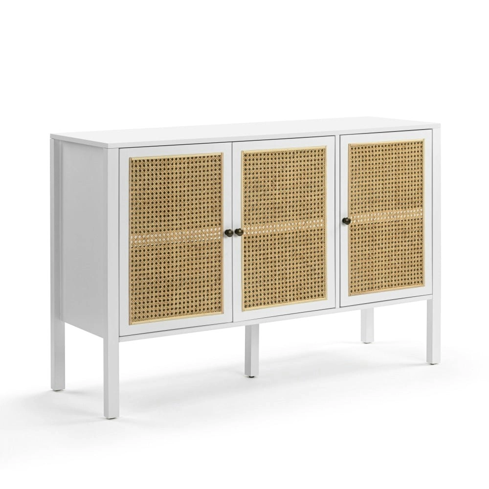 Design Square Lucien Sideboard Buffet Unit Storage Cabinet W/ 3-Doors - White/Rattan