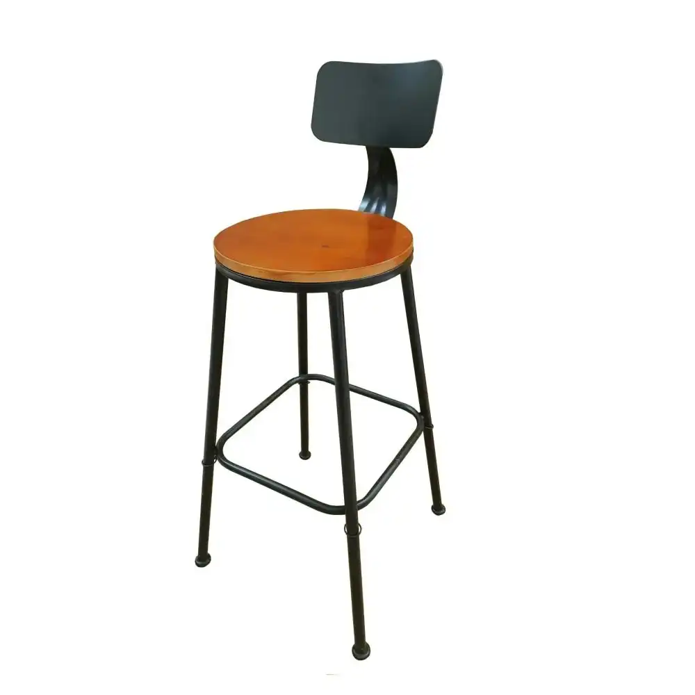 Design Square Set Of 4 Industrial Kitchen Bar stool Wooden Seat Metal Frame - Black