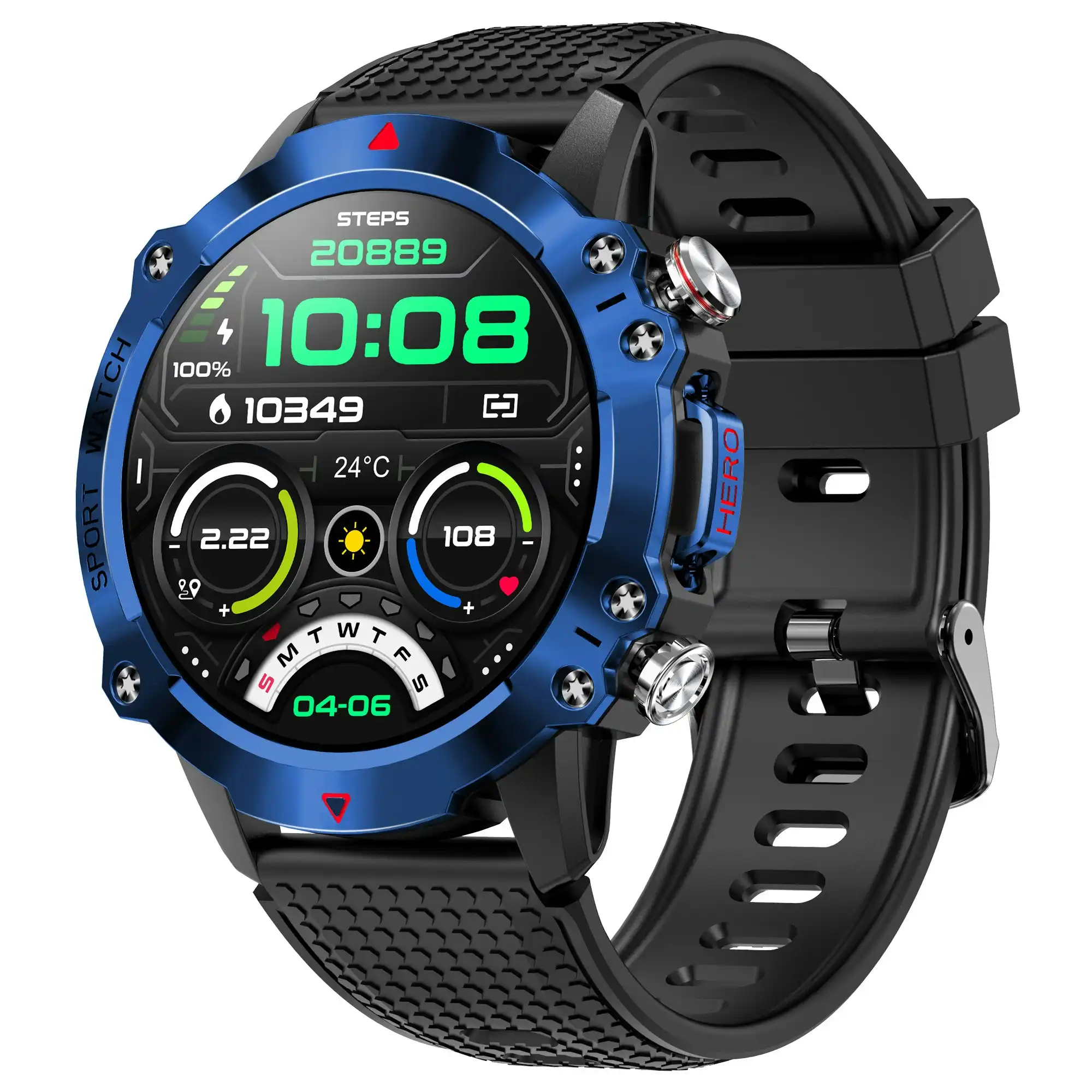 Bluetooth Smart Watch 1.39" IPS TFT Monitor Heart Rate Blood Pressure BT 5.1 - Blue