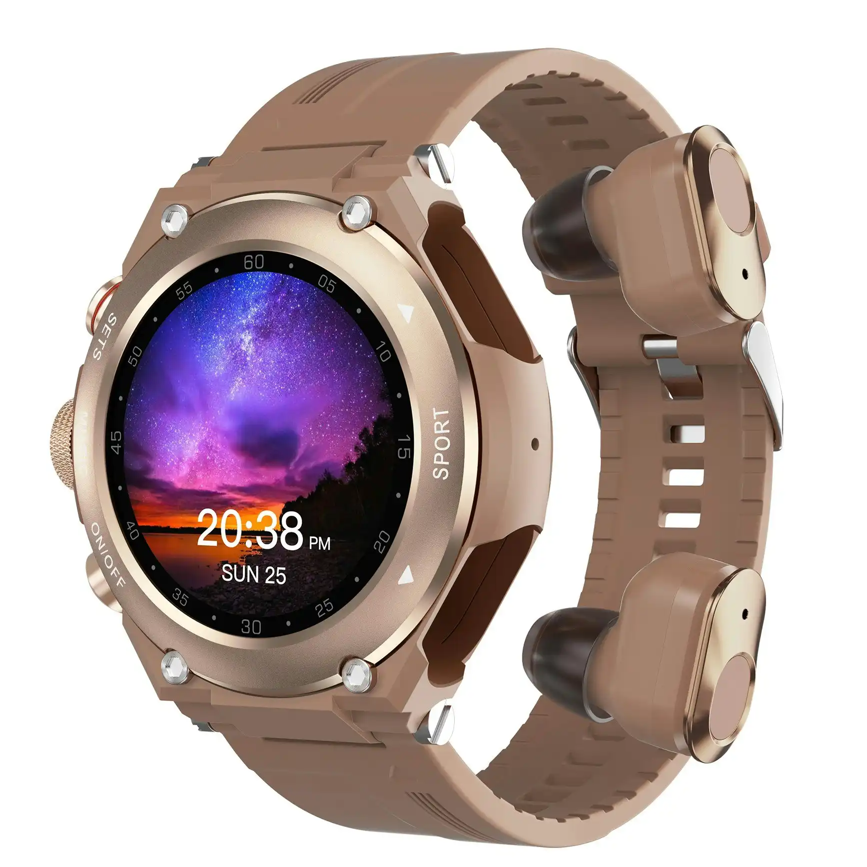 2 in 1 Bluetooth Smart Watch TWS Wireless Earphones 1.28" 9D Touch Screen BT 5.0 - Brown