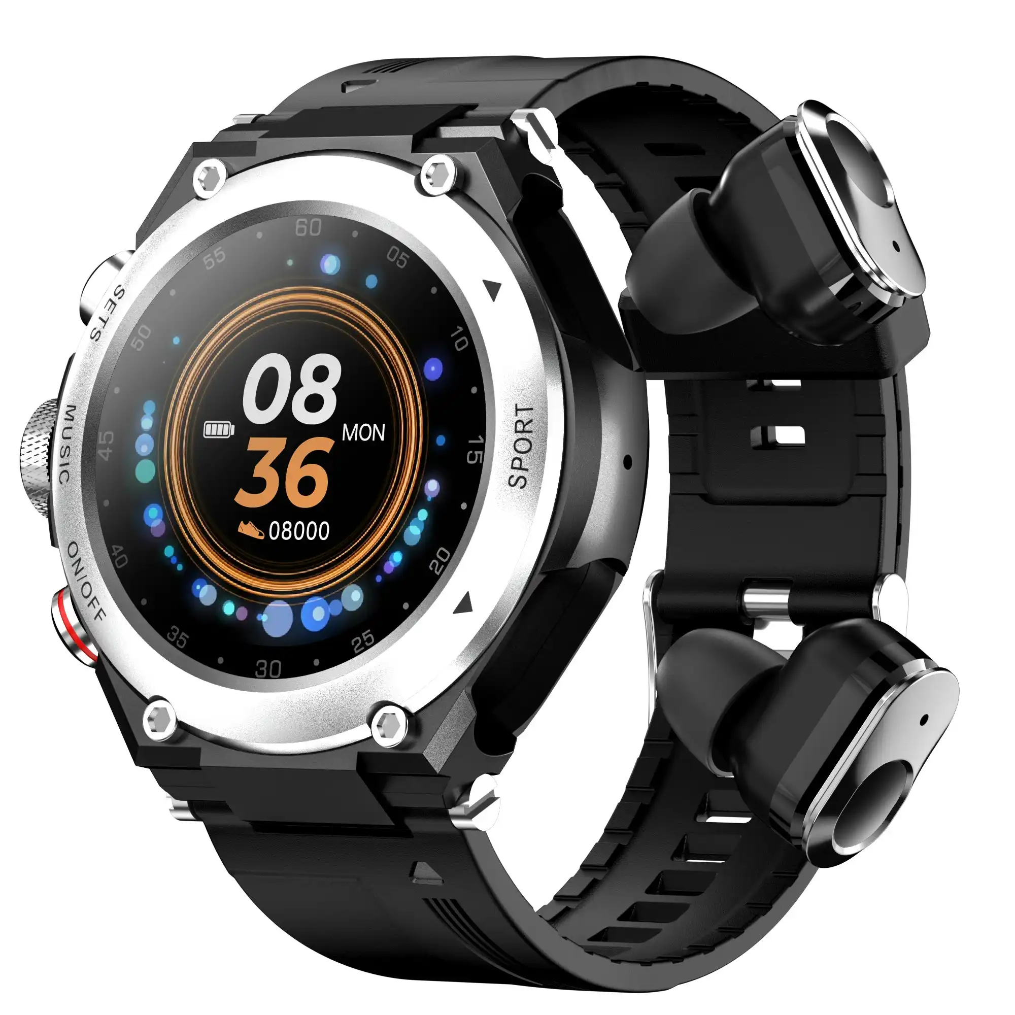 2 in 1 Bluetooth Smart Watch TWS Wireless Earphones 1.28" 9D Touch Screen BT 5.0 - Silver Black