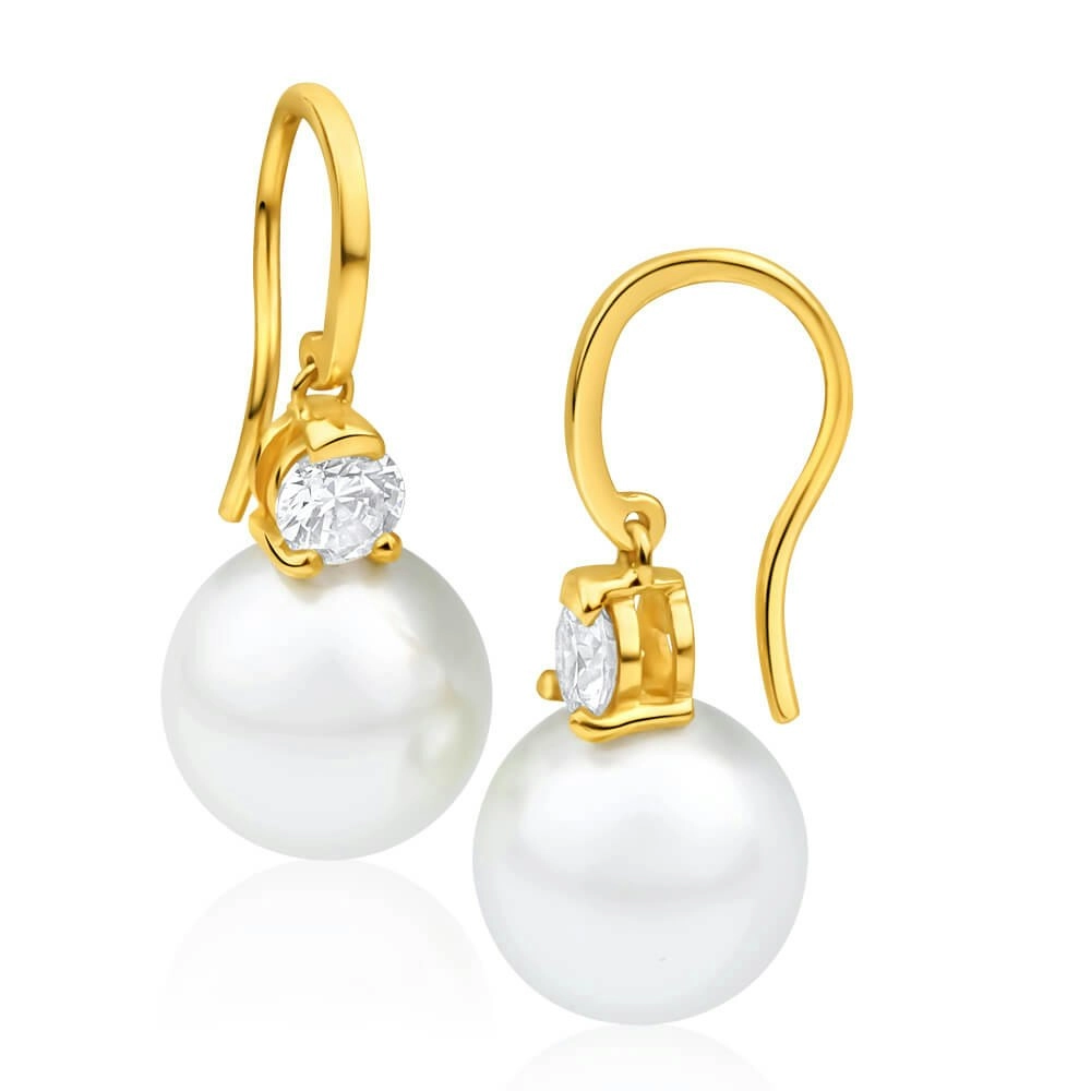 9ct Charming Yellow Gold Simulated Pearl and Cubic Zirconia Drop Earrings