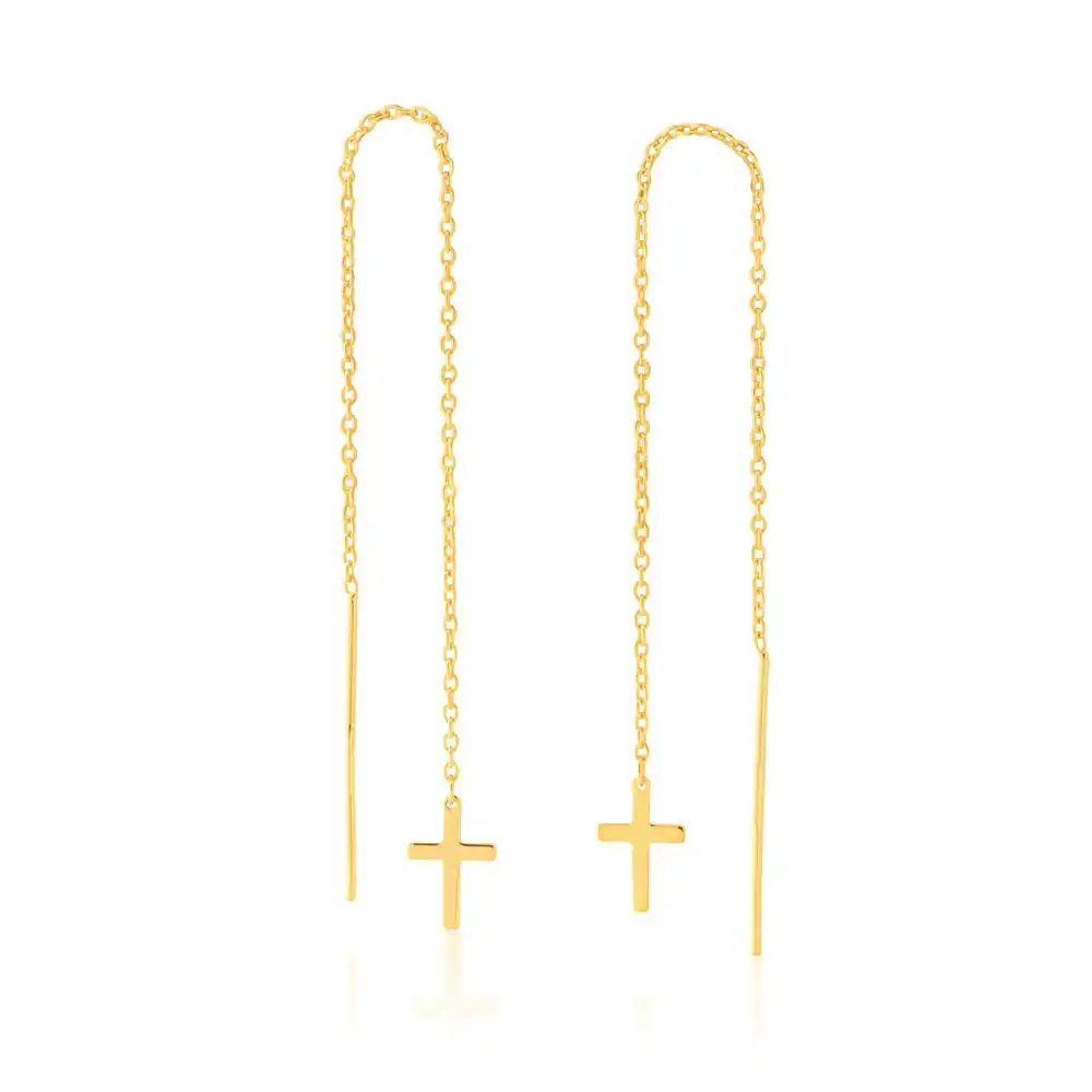 9ct Yellow Gold Silver-Filled Cross Threader Earrings