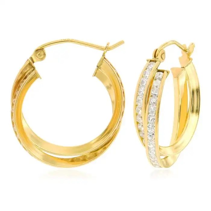 9ct Yellow Gold Silverfilled Double Twisted Hoop Zirconia Earrings