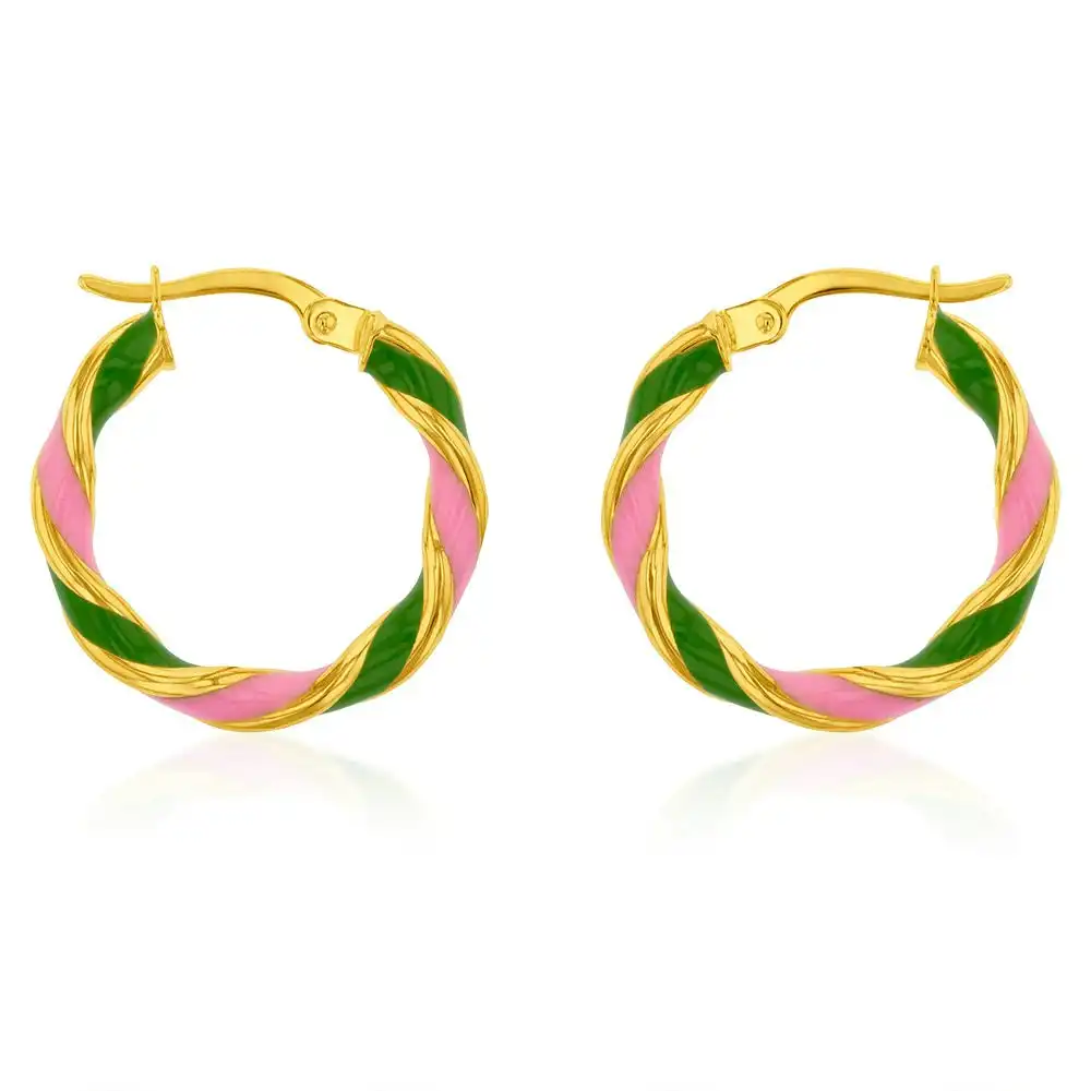 9ct Yellow Gold Silverfilled 15mm Pink And Green Enamel On Twisted Hoop Earrings