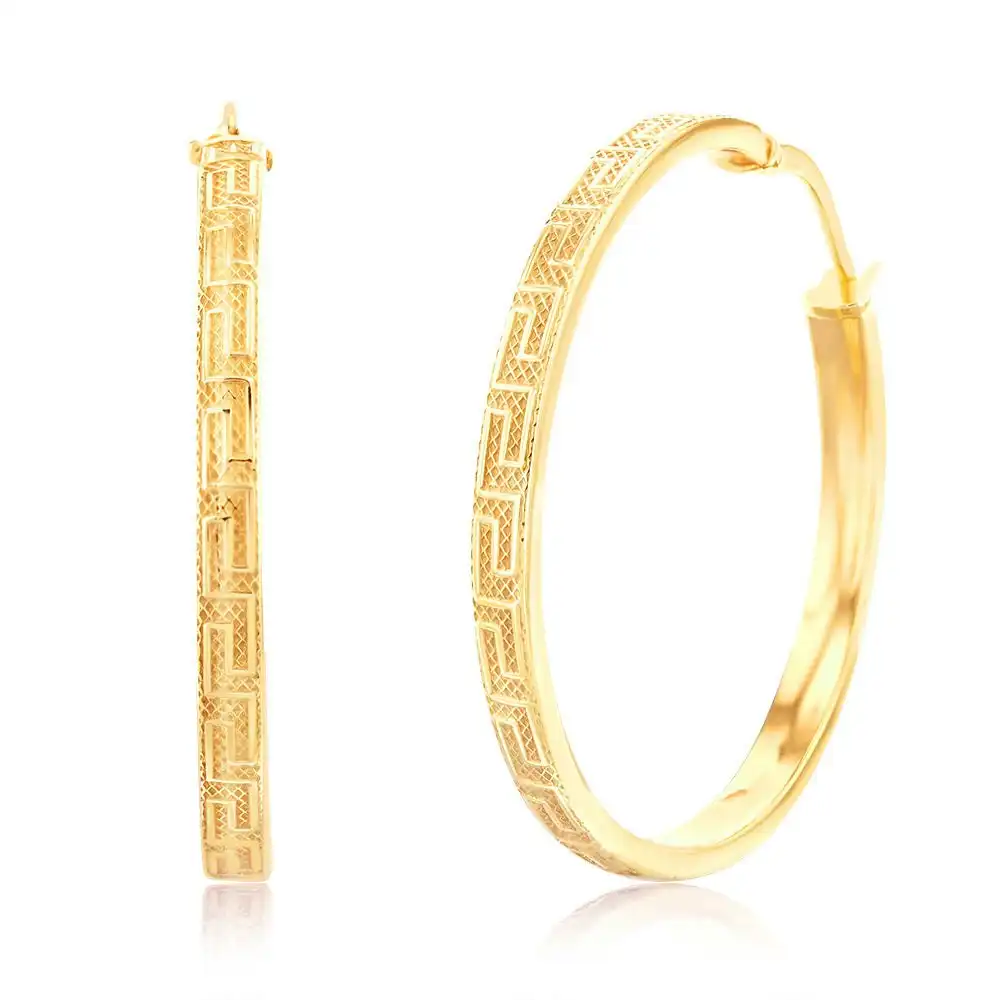 9ct Yellow Gold Silverfilled Greek Key Hoop Earrings