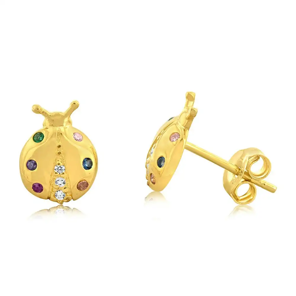 Sterling Silver Gold Plated Lady Bug Multicolour Cubic Zirconia Stud Earrings