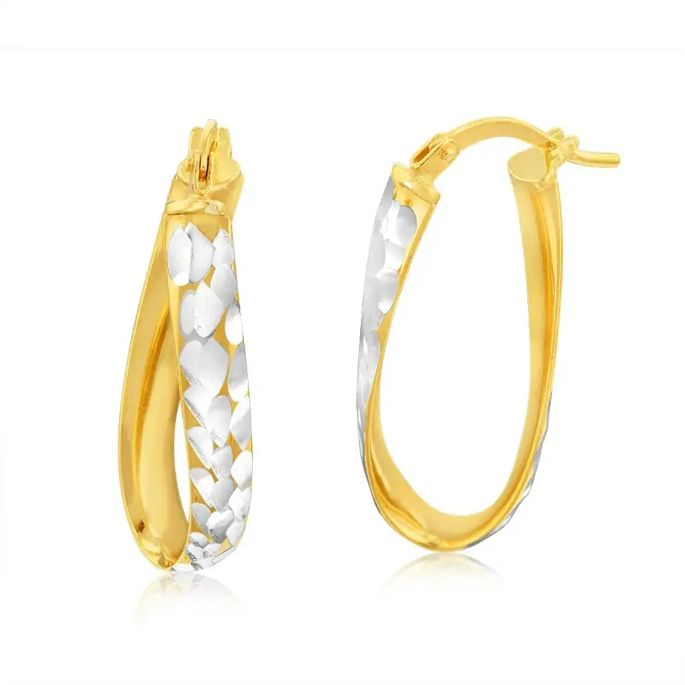 9ct Yellow And White Gold Silverfilled Diamond Cut Oval Hoop Earrings