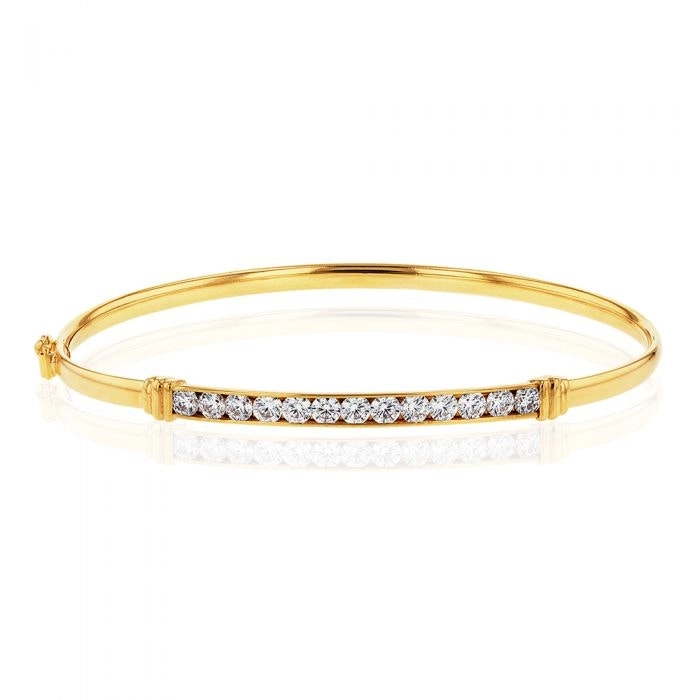 9ct Yellow Gold Zirconia Channel Set Bar Hinged Bangle