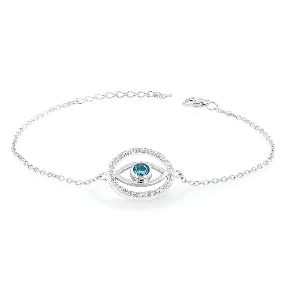 Sterling Silver Cubic Zirconia Evil Eye 16+3cm Bracelet