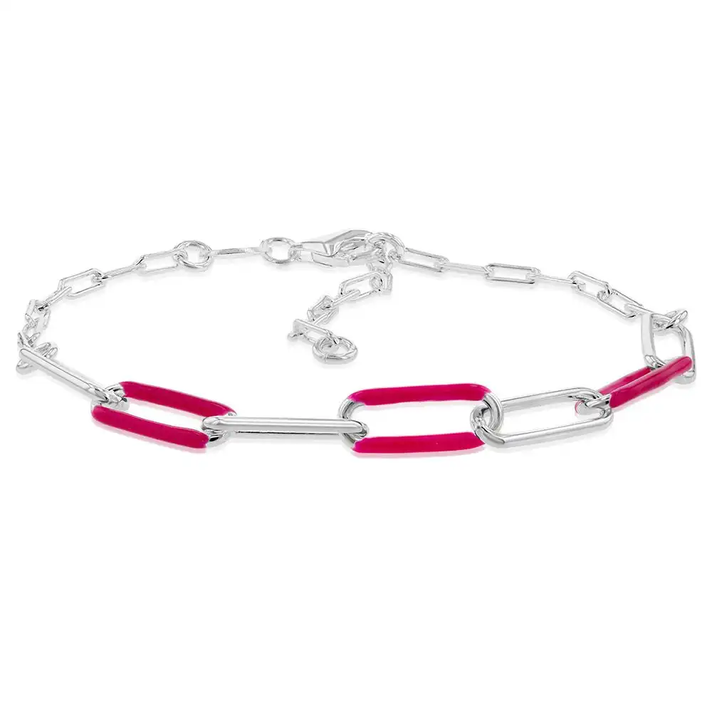 Sterling Silver Pink Enamel Fancy 19cm Bracelet