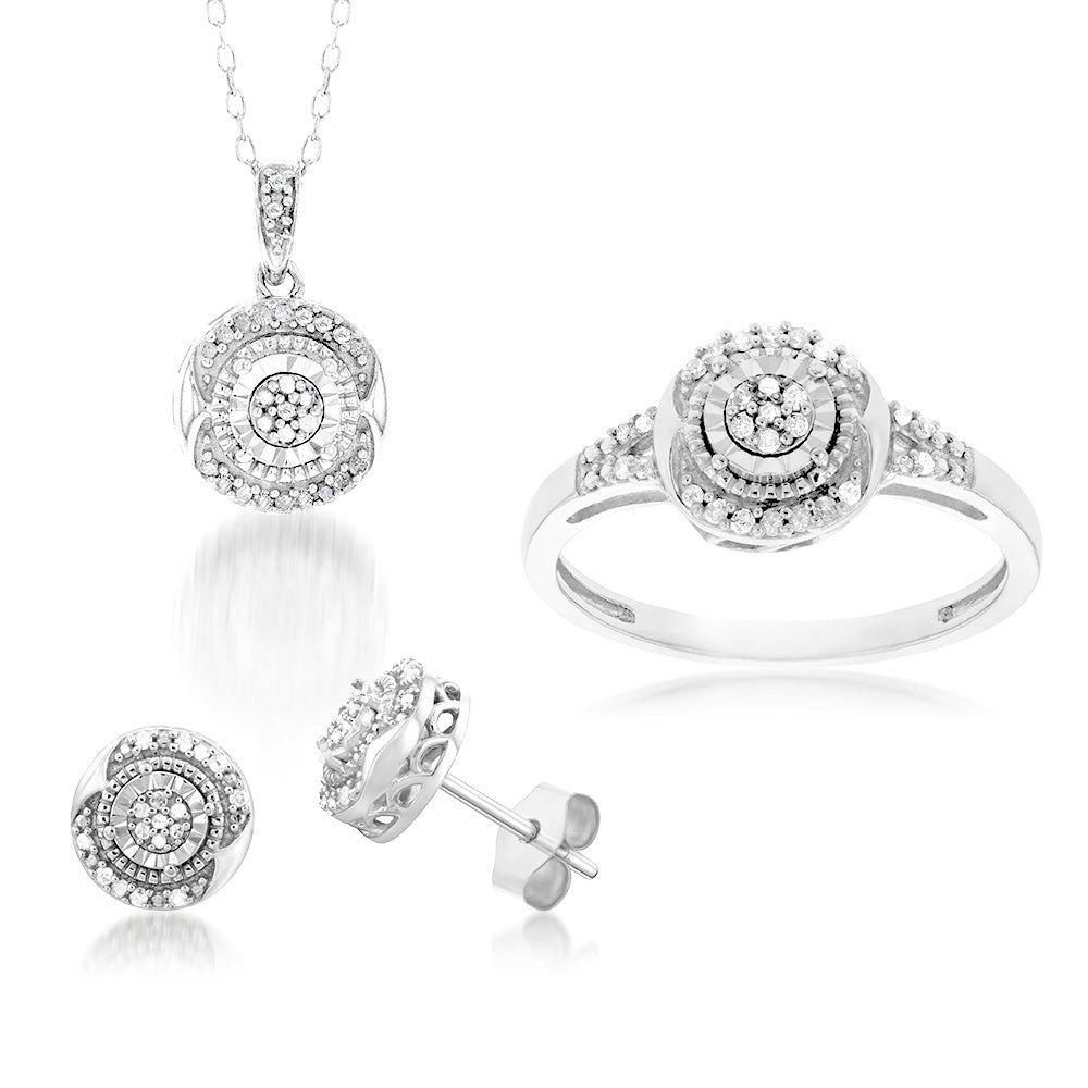 Sterling Silver1/3 Carat Diamond Pendant Earring and Ring Set Chain Included N1/2