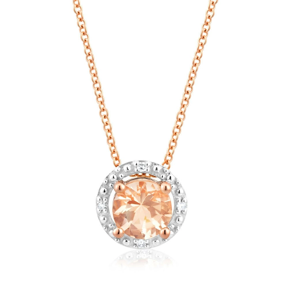 9ct Rose Gold Morganite 5mm with Diamond Halo Pendant With 45cm Chain