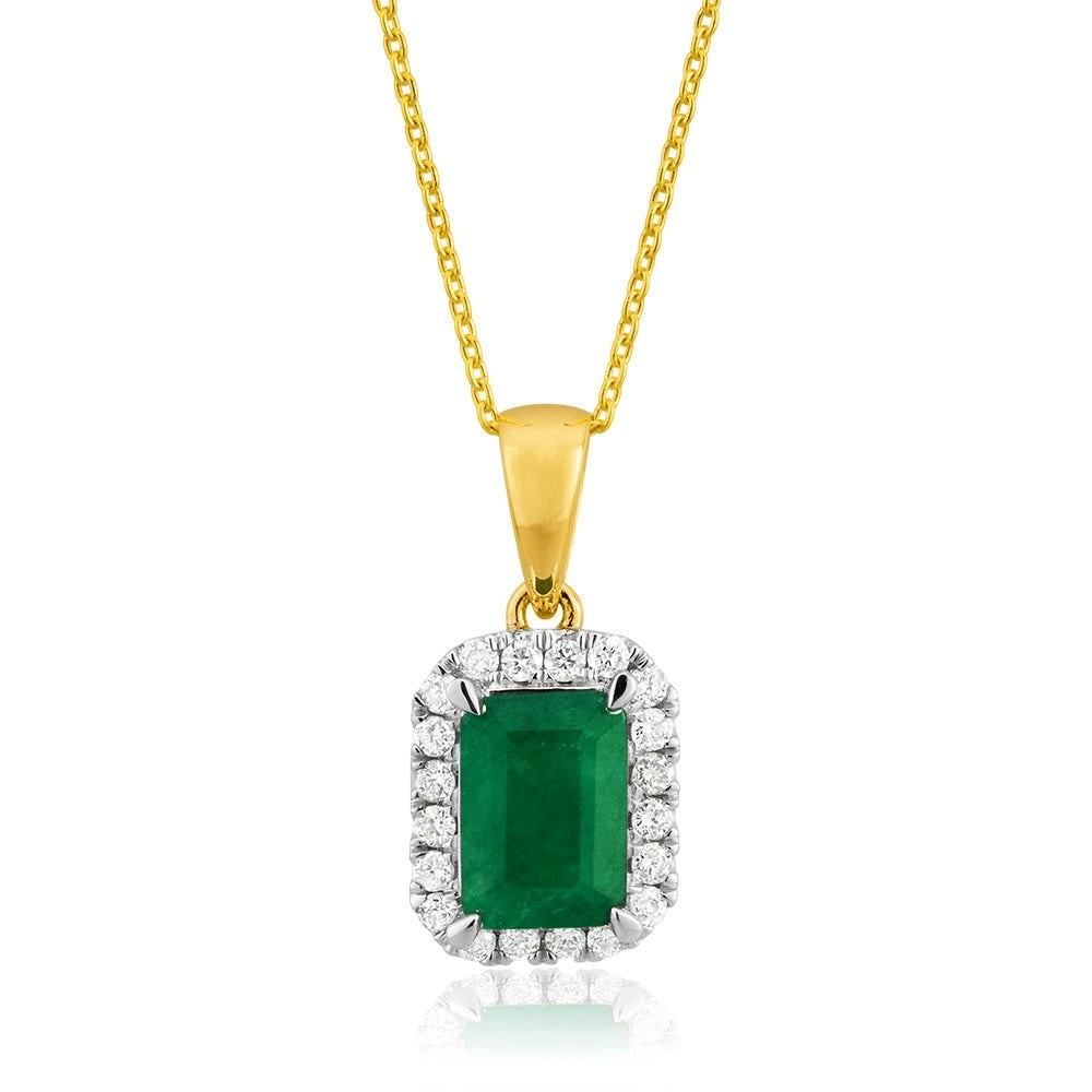 9ct Yellow Gold Natural Emerald 7x5mm and Diamond Pendant with 45cm Chain