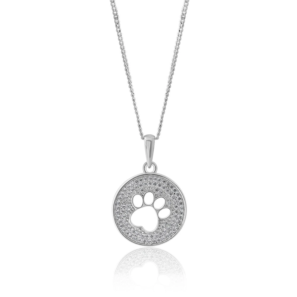 Sterling Silver Paw Print Zirconia Disc Pendant