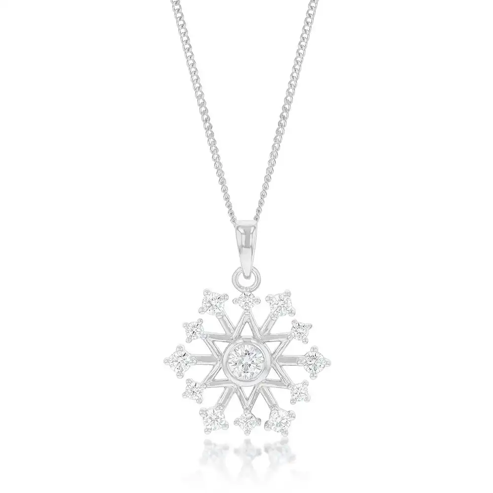 Sterling Silver Cubic Zirconia On Snowflake Pendant