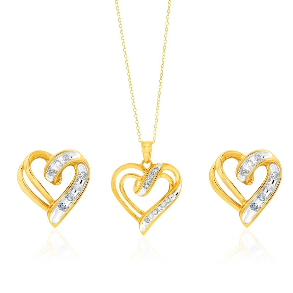 Gold Plated Silver 1/4 Carat Diamond Heart Pendant & Earrings Set Chain Included