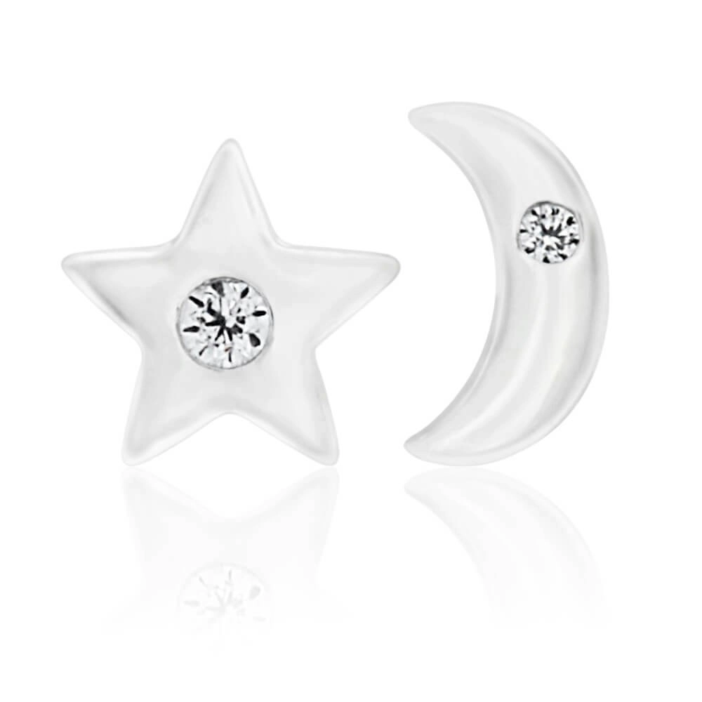 Sterling Silver Cubic Zirconia Moon and Star Stud Earrings