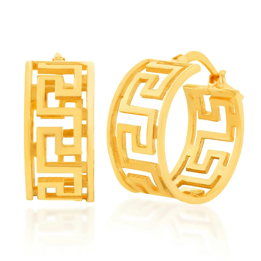 Yellow Gold Plated Greek Pattern Broad Hoop Earrings