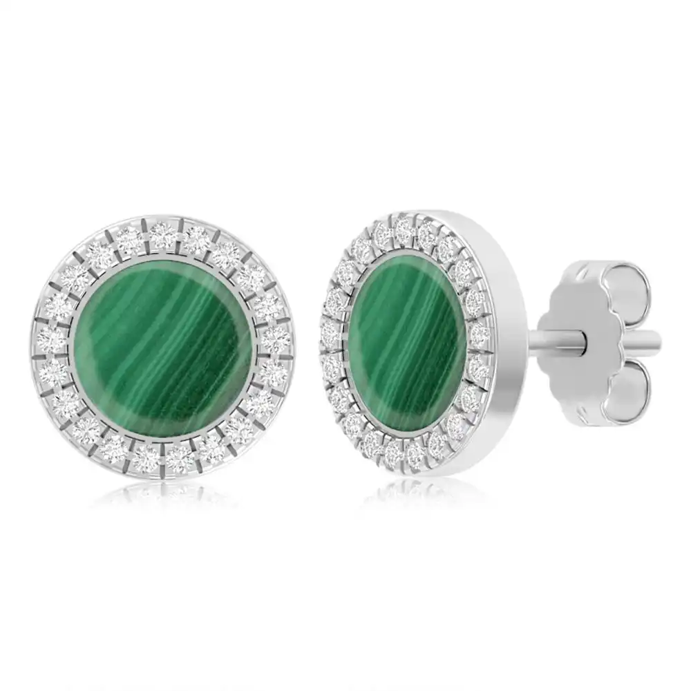 Sterling Silver Cubic Zirconia And Created Malachite Round Stud Earrings