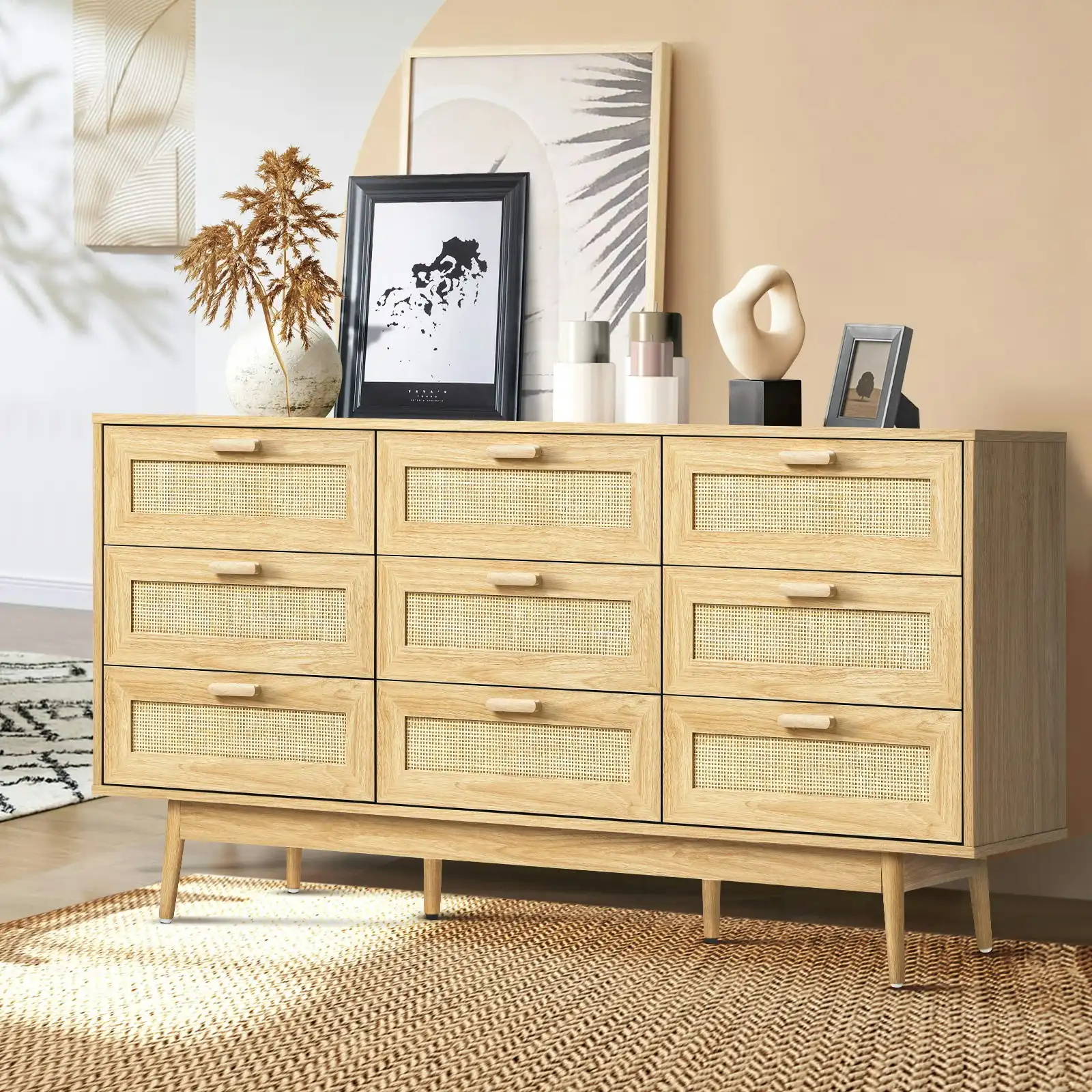 Oikiture 9 Chest of Drawers Dresser Rattan Storage Cabinet Lowboy Bedroom Wooden