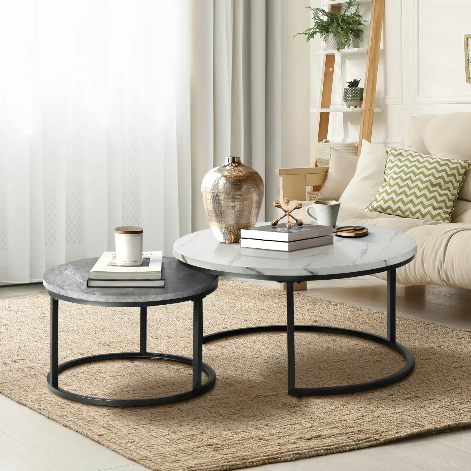 Oikiture Set of 2 Coffee Table Round Nesting Side End Table White and Grey