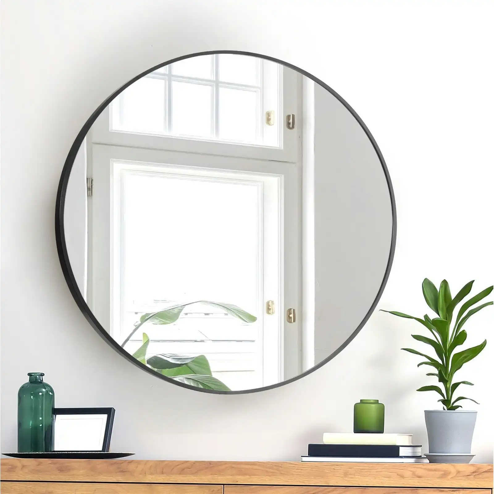 Oikiture 60cm Wall Mirrors Round Makeup Mirror Home Decor Black Living Room