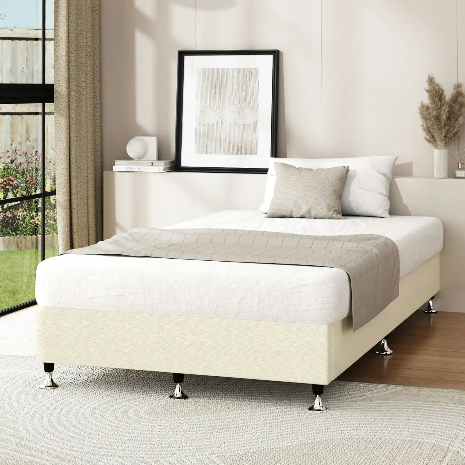 Oikiture Bed Frame Single Size Bed Base Platform Beige
